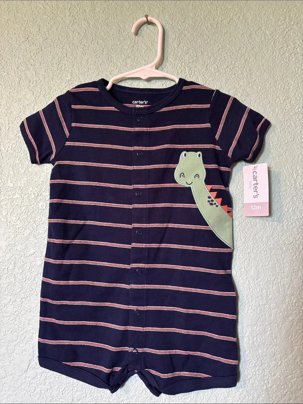 🆕 Carter's Baby Navy and Coral Striped Romper with Green Dino, 12 mos - NWT
